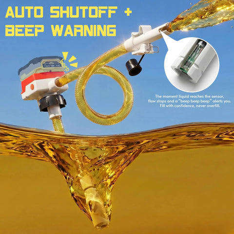 5 Gpm Cordless Fuel Transfer Pump With Auto Shut Off And Beep Alert dispensing liquid, showing yellow hose and sensor.