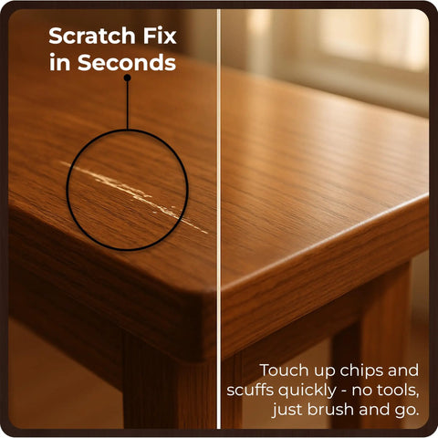 Knockout Match Wood Stain Repair Kit With Brush On Touch Up Bottles For Scratches And Dings on wooden table for quick chip repair.