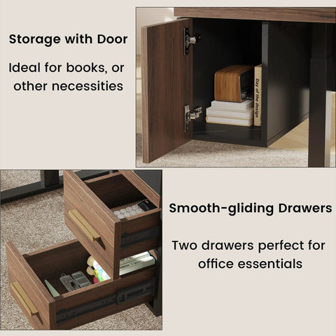 61 Inch Electric Adjustable Standing Desk With Two Smooth Glide Drawers And Latched Storage Cabinet showing storage door and smooth-gliding drawers.