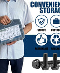 Person holding Must Have 400 Piece Metric Flange Bolt Kit With Nuts And Washers 10.9 Grade Black Zinc Bolts M6x1.0 M8x1.25 M10x1.5 From 12mm To 45mm For Automotive beside product features icons.