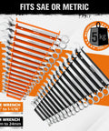 Two Piece Magnetic Wrench Organizer With 32 Slots For Toolboxes, Drawers And Garage, Keeps SAE Quarter Inch To One And One Sixteenth Inch And Metric Six To Twenty Four Millimeter Wrenches Neatly Stored, Black And Orange, 11 Pound Capacity, displaying wrenches.