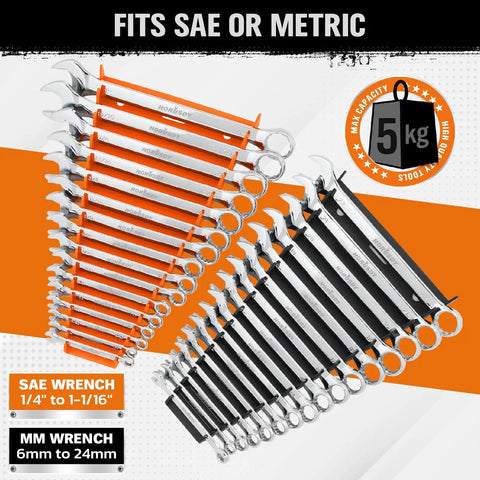 Two Piece Magnetic Wrench Organizer With 32 Slots For Toolboxes, Drawers And Garage, Keeps SAE Quarter Inch To One And One Sixteenth Inch And Metric Six To Twenty Four Millimeter Wrenches Neatly Stored, Black And Orange, 11 Pound Capacity, displaying wrenches.