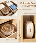 Slick Compact Foldable Mini Washing Machine With Smart Touch Panel And 16 Liter Capacity For No Sweat Daily Laundry Plus Quick Spin Dry Routine Perfect For Dorms And Road Trips stored in a drawer and suitcase.