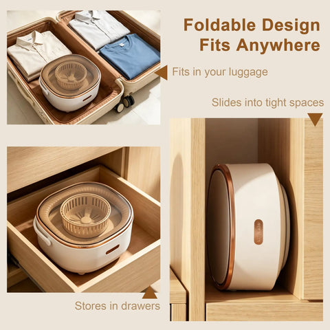 Slick Compact Foldable Mini Washing Machine With Smart Touch Panel And 16 Liter Capacity For No Sweat Daily Laundry Plus Quick Spin Dry Routine Perfect For Dorms And Road Trips stored in a drawer and suitcase.