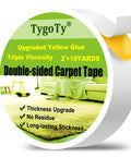 Heavy Duty Double Sided Rug Tape For Area Rugs And Hardwood Floors No Slip Residue Free 2 Inch By 10 Yards Thick Yellow Glue Carpet Tape With Superior Grip And Easy Removal, roll of tape showing packaging with text and diagram of use on green rug with white couch in background.