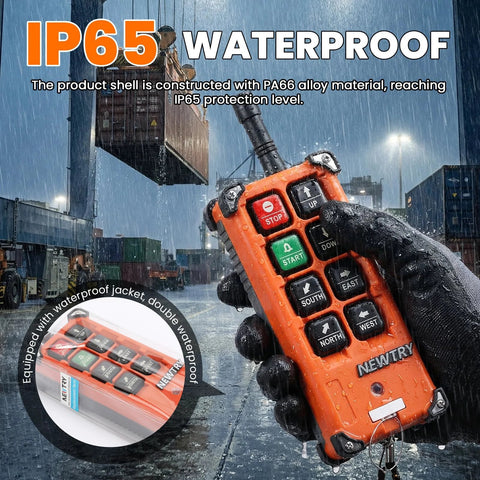 NEWTRY orange 8-button wireless crane remote control with waterproof jacket, handheld transmitter for 12V hoist.