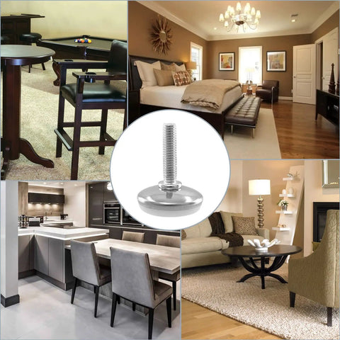Rock Solid M6 Adjustable Furniture Levelers 20 Pack heavy duty table glides in various home settings for stable furniture.