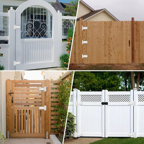 Beefy Heavy Duty 5 Inch Gate Hinges Set, 260 Lb Capacity, 2 Pack T Strap Matte White Barn And Shed Door Hinges on various gates