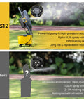 Cordless Misting Fan With 11L Tank Rechargeable Battery And 12 Inch Blade pictured in a garden with misting range details