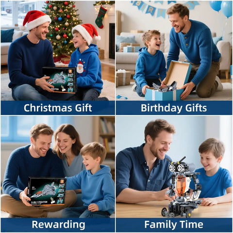Family building 5 in 1 STEM RC Robot Building Kit With Fighter Jet Airplane Set, ideal for kids' gifts and educational play.