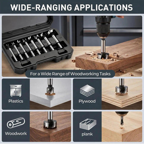 Knockout Forstner Bit Set Featuring Eight Heavy Duty Wood Drill Bits that includes storage case and bits for various woodworking tasks.
