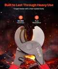 Heavy Duty High Leverage Cable Cutters With Cushioned Overmolded Handles And Razor Sharp Forged Blades showcasing sharp blades against fiery background.