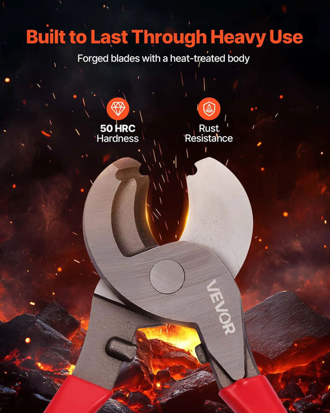 Heavy Duty High Leverage Cable Cutters With Cushioned Overmolded Handles And Razor Sharp Forged Blades showcasing sharp blades against fiery background.