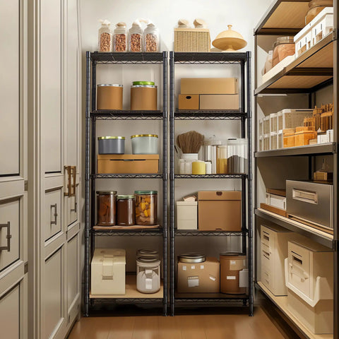 Heavy Duty 5 Tier Wire Shelving Unit 18 By 18 By 59 Inches Sturdy Metal Storage Rack With Thick Steel Tubes NSF Certified Black in a pantry.
