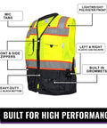 High Viz Safety Vest Lightweight Yet Durable With Reflective Tape Nine Pockets For Construction Transportation Running Cycling Hunting Yellow Green Black Large with mic tabs and zippers.