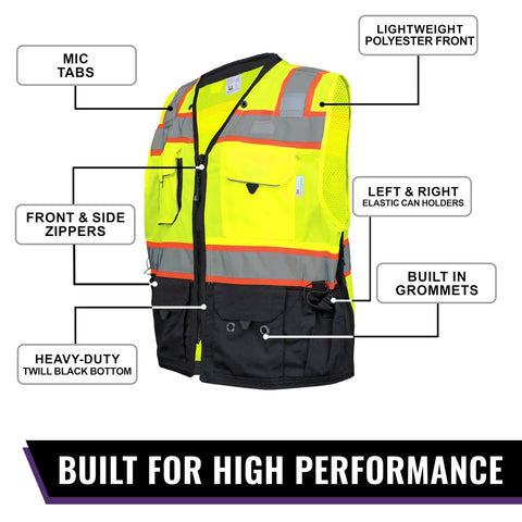 High Viz Safety Vest Lightweight Yet Durable With Reflective Tape Nine Pockets For Construction Transportation Running Cycling Hunting Yellow Green Black Large with mic tabs and zippers.