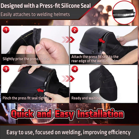 Step-by-step installation of Welding Hood Cover With Extended Wraparound Neck Protector FR Cotton Rear Cover With Press Fit Seal
