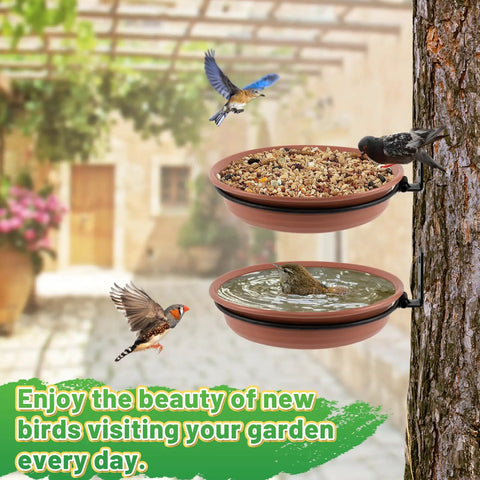 Two Piece Tree Mounted Bird Feeder Tray Set For Outdoors Food And Water Heavy Duty Iron Ring Installs On Wooden Deck Fence 8.3 Inch Diameter Brown Dual Purpose Bird Bath And Feeder For Backyard