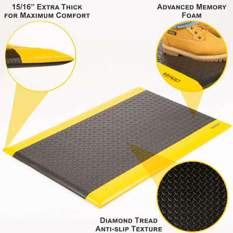 Industrial 15/16 Inch Extra Thick Anti Fatigue Floor Mat Built For Heavy Duty Jobs with yellow edge, black diamond plate texture