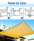 Installation guide for 10x13 Ft Beige Sun Shade Sail Rectangle UV Block Canopy for patio, garden, yard, deck, and poolside.