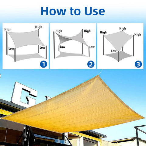 Installation guide for 10x13 Ft Beige Sun Shade Sail Rectangle UV Block Canopy for patio, garden, yard, deck, and poolside.