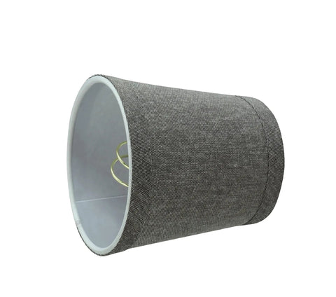 Empire Clip On Chandelier Lamp Shade Set Of 9, grey textured fabric with brass fitter, empire shape, angled side view