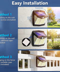 Installation methods for Outdoor Solar Motion Sensor Lights Six Pack With 128 LED, showing wall and fence options.