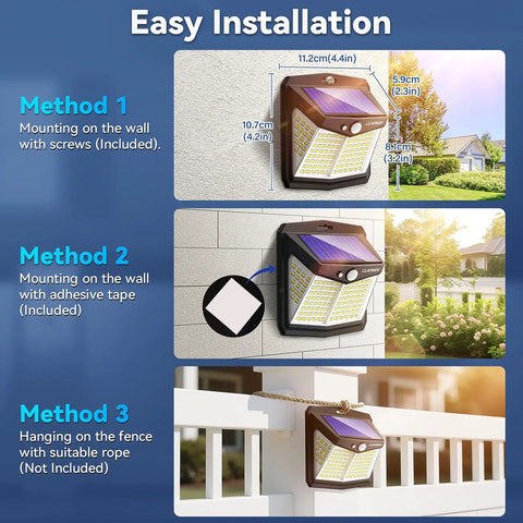 Installation methods for Outdoor Solar Motion Sensor Lights Six Pack With 128 LED, showing wall and fence options.