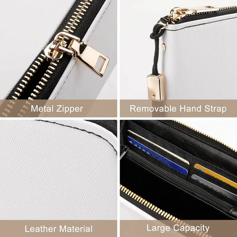 Close-up of Dragon Boat Viking Themed Womens PU Leather Long Clutch Wallet showing metal zipper and card holder compartments.