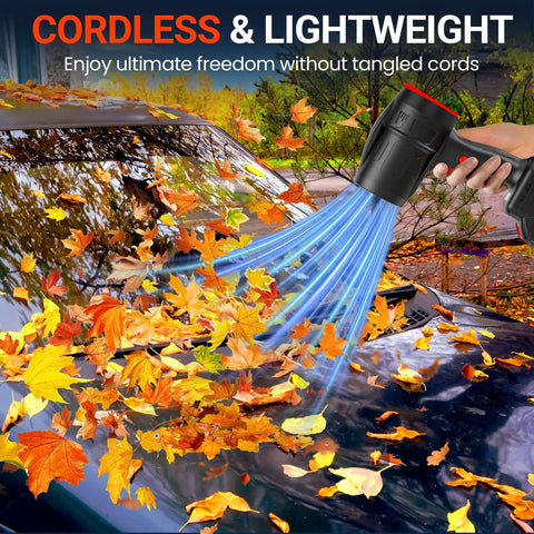Beast Mode Cordless Leaf Blower With Dual 4Ah Batteries And Fast Charger Turbo Jet 500000 RPM clearing leaves on car