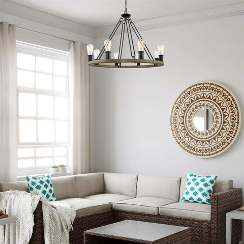 Rustic Wagon Wheel Chandelier With Eight Lights Large Farmhouse Round Kitchen Island Pendant In Smoked Birch Finish in cozy living room