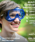 Badass Kids Safety Goggles With Ultra Clear Anti Fog Lenses And Impact Resistant Frame For Science Lab And Woodworking Crafts Comes In A Sweet 144 Bulk Case Pack, worn by a smiling youth outdoors.