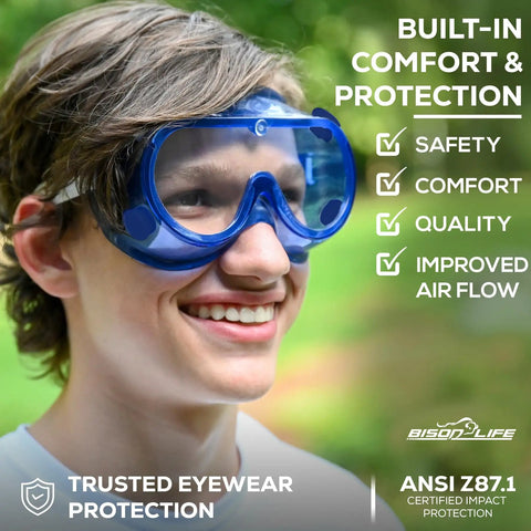 Badass Kids Safety Goggles With Ultra Clear Anti Fog Lenses And Impact Resistant Frame For Science Lab And Woodworking Crafts Comes In A Sweet 144 Bulk Case Pack, worn by a smiling youth outdoors.