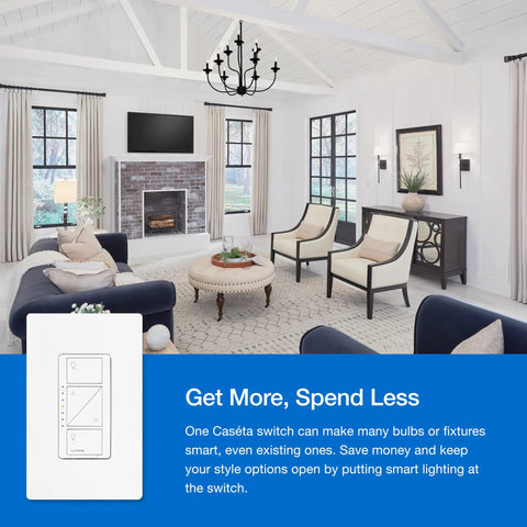 Living room with Three Way Smart Dimmer Light Switch Kit With Pico Remote Bracket No Neutral Needed displayed in foreground.