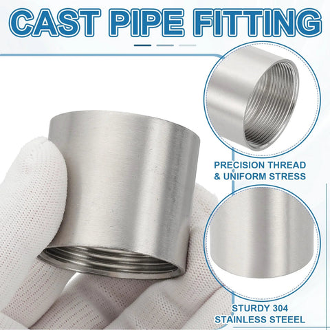 Front view of PATIKIL 304 stainless steel pipe coupling, 2x2 inch female BSPT straight connector, silver