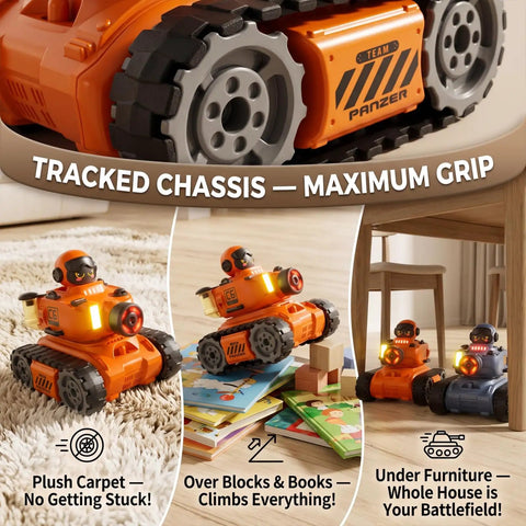 Rad 2 Pack RC Battle Tanks for Kids aged 3 to 15 with rubber treads shown on carpet, over blocks, and under furniture