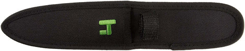 Nylon sheath for stainless steel duct knife with hardened blade and overmolded grip for HVAC work, serrated and straight edges.