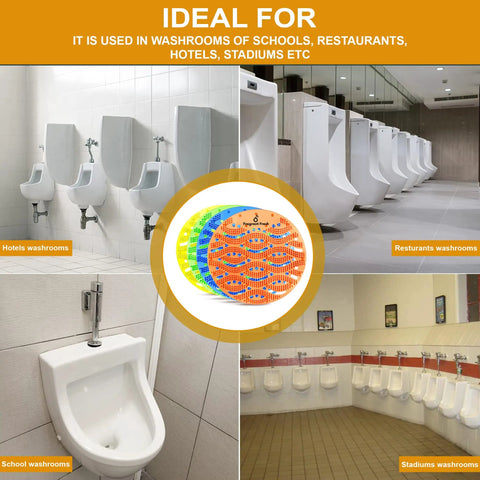 Fresh Scent Urinal Screen Deodorizer With Easy Fit Design For Odor Busting In Restrooms, Orange Scent, Pack Of 15 shown in various washrooms