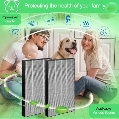 2 Pack KC850U Replacement Filters For Sharp Air Purifier FZC100HFU Style, family dog with green icons, quick fit filtration
