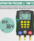 BELEY digital HVAC manifold gauge, front view, dual pressure/temperature readings with hoses