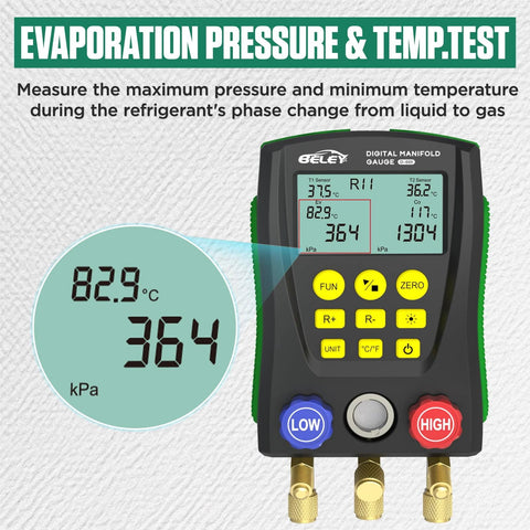BELEY digital HVAC manifold gauge, front view, dual pressure/temperature readings with hoses