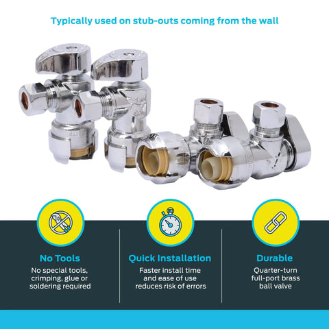 Brass push-to-connect angle stop valves 1/2 in x 3/8 in compression quarter turn pack of 4 for plumbing fittings