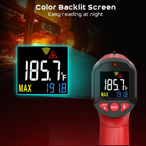 Non Contact Infrared Temperature Gun With Adjustable Emissivity And Color Backlight, Pro Grade Fast Laser Thermometer For Cooking, Pizza Oven, BBQ, Fridge, Engine, And HVAC, Reads -58F To 1112F (-50C To 600C) In 0.5s, Accurate ±2%: red infrared thermometer with color backlit screen