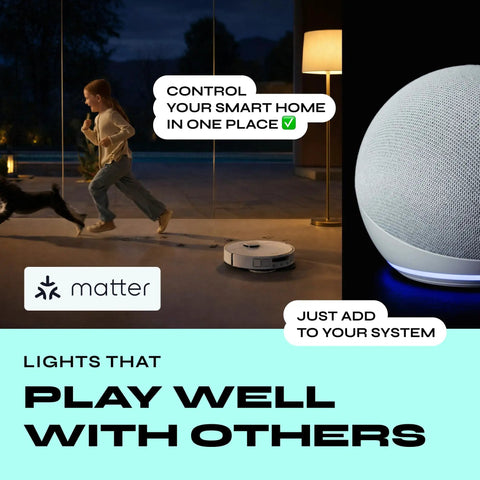 Child running in living room with smart home devices showing Matter compatibility for Smart Color Changing Light Bulbs 2 Pack A19 E26 RGB Tunable White 800 lumens with WiFi Dimming Matter compatible plays nice with Apple HomeKit Alexa Google Assistant.