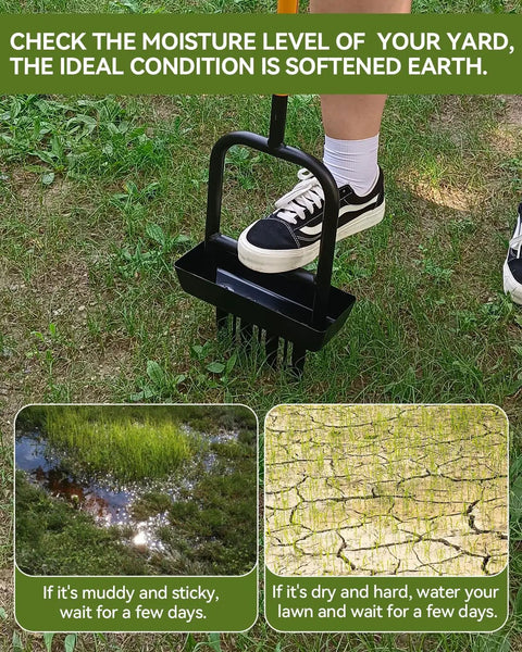 Using 2-In-1 Manual Lawn Aerator Tool With Soil Core Storage Tray 41.3 Inch Heavy Duty Carbon Steel Core Aerator For Compacted Soil on grass