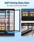 Heavy Duty Commercial Freezer Upright Two Door Glass Display Cold Storage 36 Cubic Feet with self-closing doors visible.