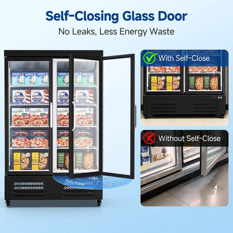 Heavy Duty Commercial Freezer Upright Two Door Glass Display Cold Storage 36 Cubic Feet with self-closing doors visible.