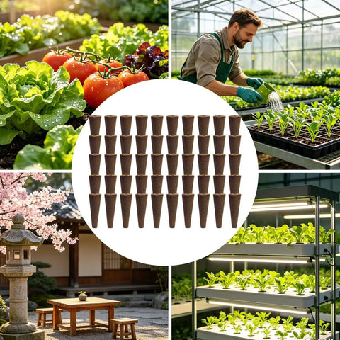 Cone Replacement Blocks for Hydroponic Sponges, 50-piece pods shown with indoor grow setup and outdoor garden scenes