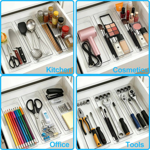 4 Pack 15x6 Inch Extra Large Clear Plastic Drawer Organizer Trays For Vanity Makeup Kitchen Utensils Bathroom Office Desk Auto Tools And Craft Supplies Ultra Handy Multi Purpose Storage Bins used in various organized settings
