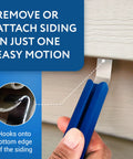 Vinyl Siding Removal Tool Kit Pack Of 2 One Piece Steel Zip Tools showing blue handle and hook under siding panel.
